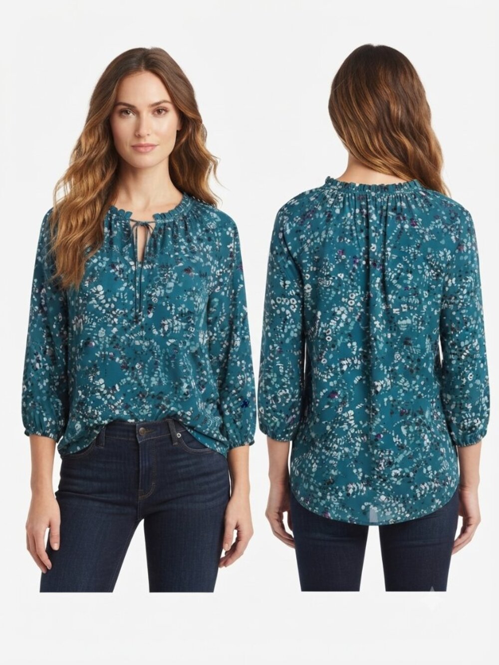 Croft & Barrow Women's Plus 2X Blue Abstract Print Blouse 3/4 Sleeve Tie Neck